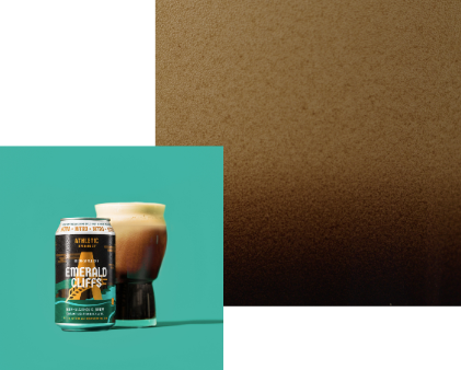 Athletic Brewing Emerald Cliffs non-alcoholic nitro brew can beside a glass of dark beer with a creamy foam head, set against a teal background with a dark nitro-inspired gradient.