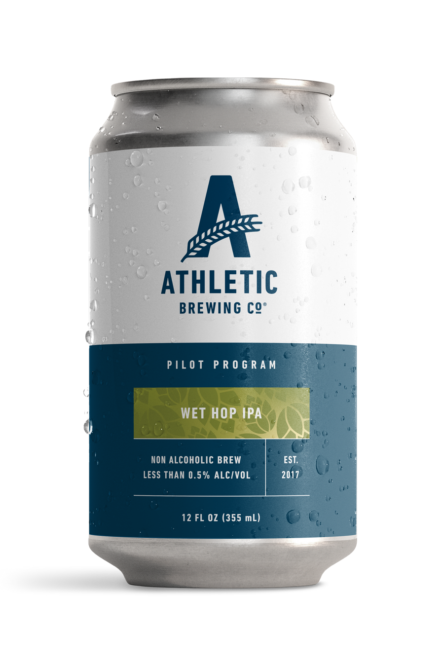 Athletic Brewing Company Pilot Program Wet Hop IPA non-alcoholic beer 12 oz can with a white and navy blue label, green Wet Hop IPA banner, and condensation droplets.