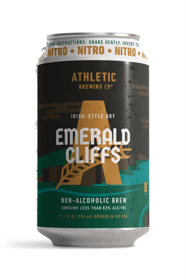 Athletic Brewing Emerald Cliffs Irish-Style Dry non-alcoholic nitro brew can with condensation.