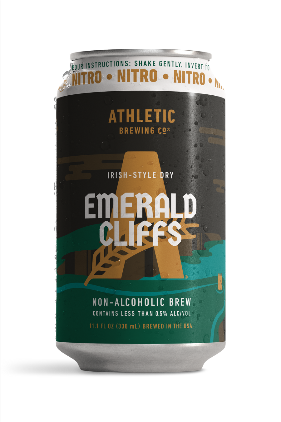 Athletic Brewing Emerald Cliffs Irish-Style Dry non-alcoholic nitro brew can with condensation.