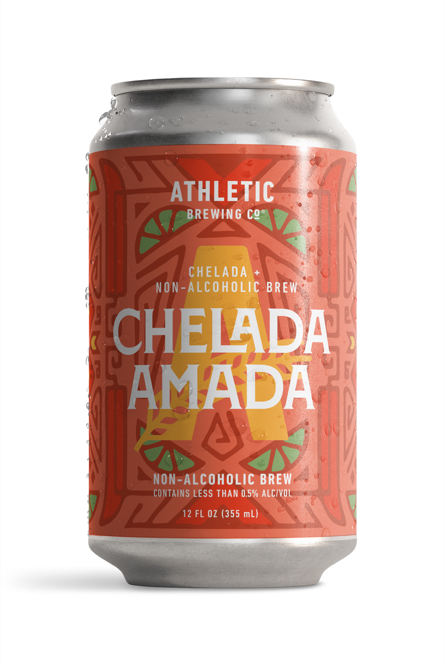 12 fl oz can of Athletic Brewing Chelada Amada non-alcoholic brew on a white background. The can features a coral-red label with a bold geometric pattern, lime slice illustrations, a large gold “A,” and the product name “Chelada Amada” in white lettering. Condensation droplets cover the can, emphasizing a cold, refreshing beverage.