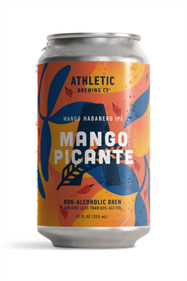 12 fl oz can of Athletic Brewing Mango Picante, a mango habanero IPA-style non-alcoholic brew. The can features a vibrant orange, yellow, and blue tropical-inspired design with illustrations of mango leaves and red habanero peppers surrounding a large Athletic “A” logo. The label reads “Mango Picante,” “Mango Habanero IPA,” and “Contains Less Than 0.5% Alc/Vol.” Condensation droplets cover the can, shown against a black background.